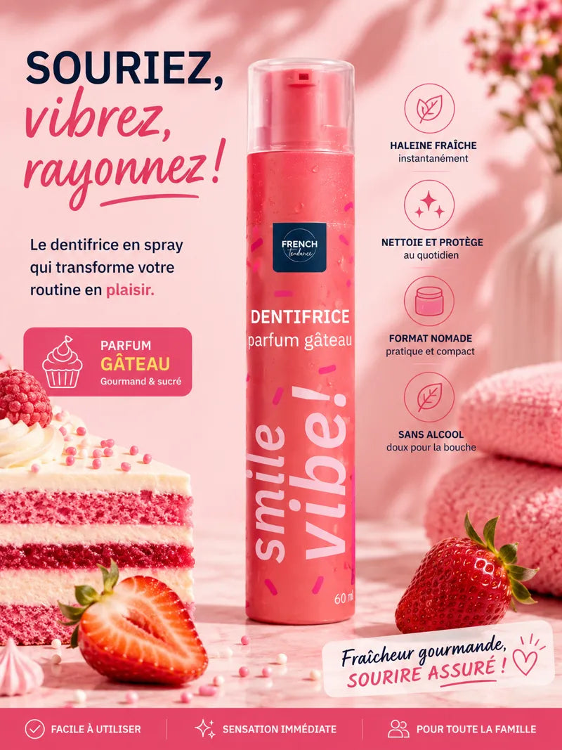 Dentifrice gourmand Smile Vibe! 60g en format pompe hygiénique, parfum gâteau.