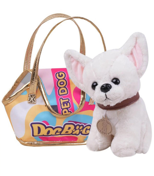 CHIEN CHIHUAHUA EN PELUCHE DANS UN SAC