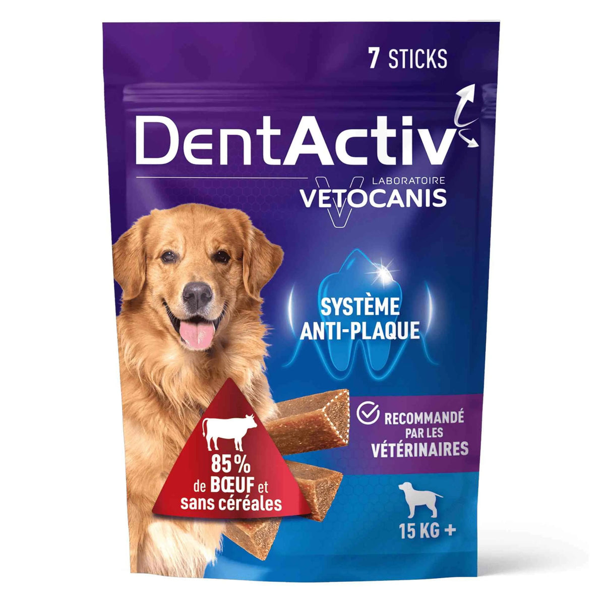 7 Batônnets DentActiv, Hygiène Bucco-Dentaire pour Chien 15kg + / Boeuf