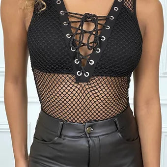 Body Noir en resille & lacets