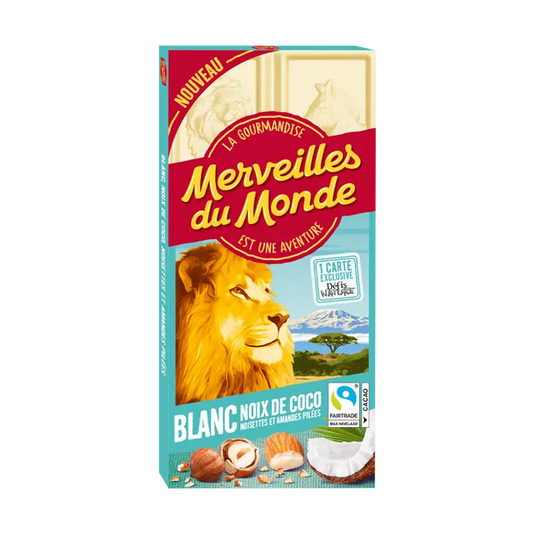 Tablette chocolat Blanc, noix de coco, noisettes et amandes pilées - 100g