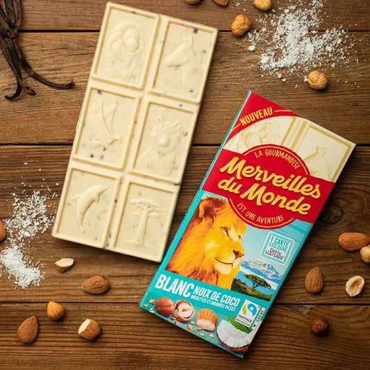 Tablette chocolat Blanc, noix de coco, noisettes et amandes pilées - 100g