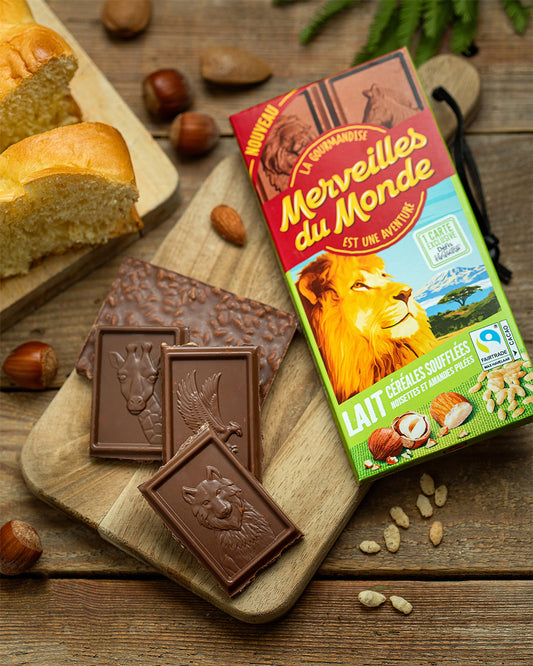 Tablette chocolat au lait, céréales soufflées, noisettes et amandes pilées - 100g