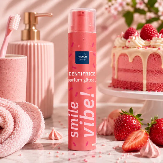 Dentifrice gourmand Smile Vibe! 60g en format pompe hygiénique, parfum gâteau.