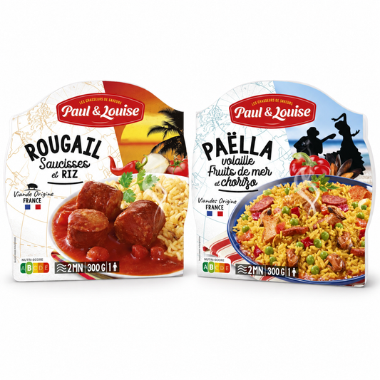 Rougail saucisses & riz et Paëlla poulet & fruits de mer - Paul & Louise