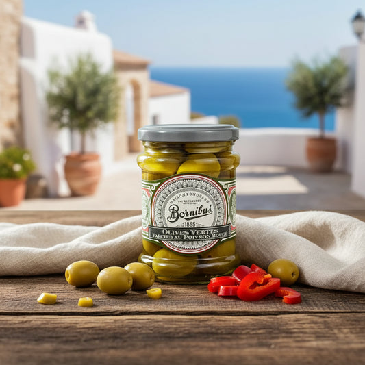 Olives vertes farcies au poivron rouge - Bornibus