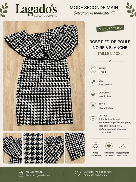 Robe pied-de-poule noire & blanche à volants - Taille L/0XL