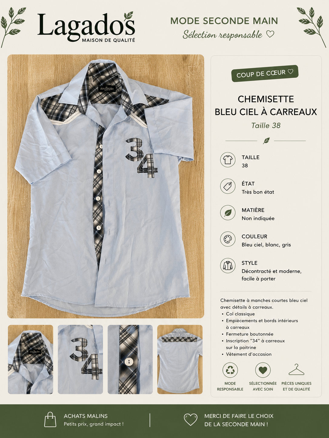 Chemisette  bleu ciel à carreaux - Taille 38