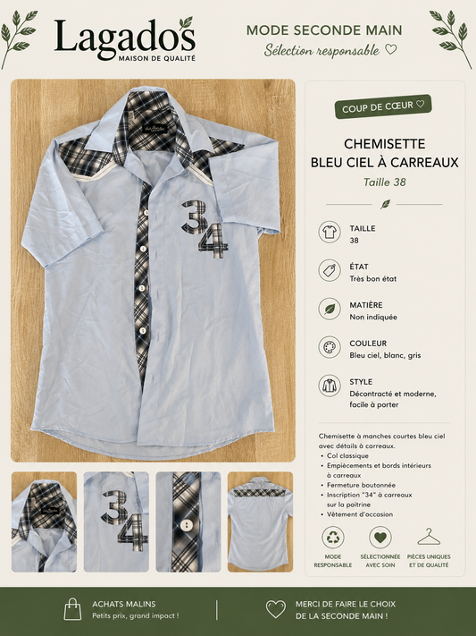 Chemisette  bleu ciel à carreaux - Taille 38