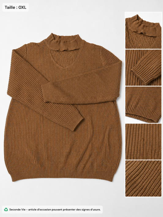 Pull marron maille côtelée - taille 0XL