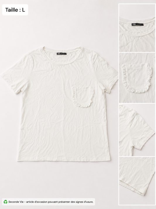 T-shirt blanc Zara à poche volantée - Taille L