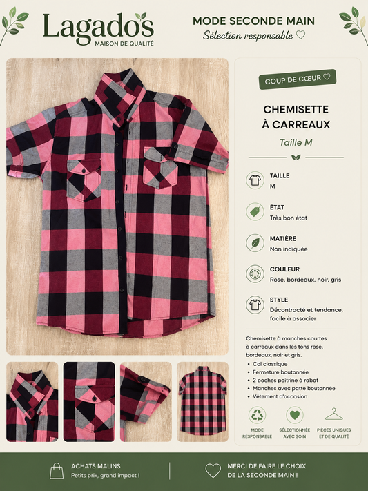 Chemisette à carreaux bordeaux, rose, noir et gris - Taille M
